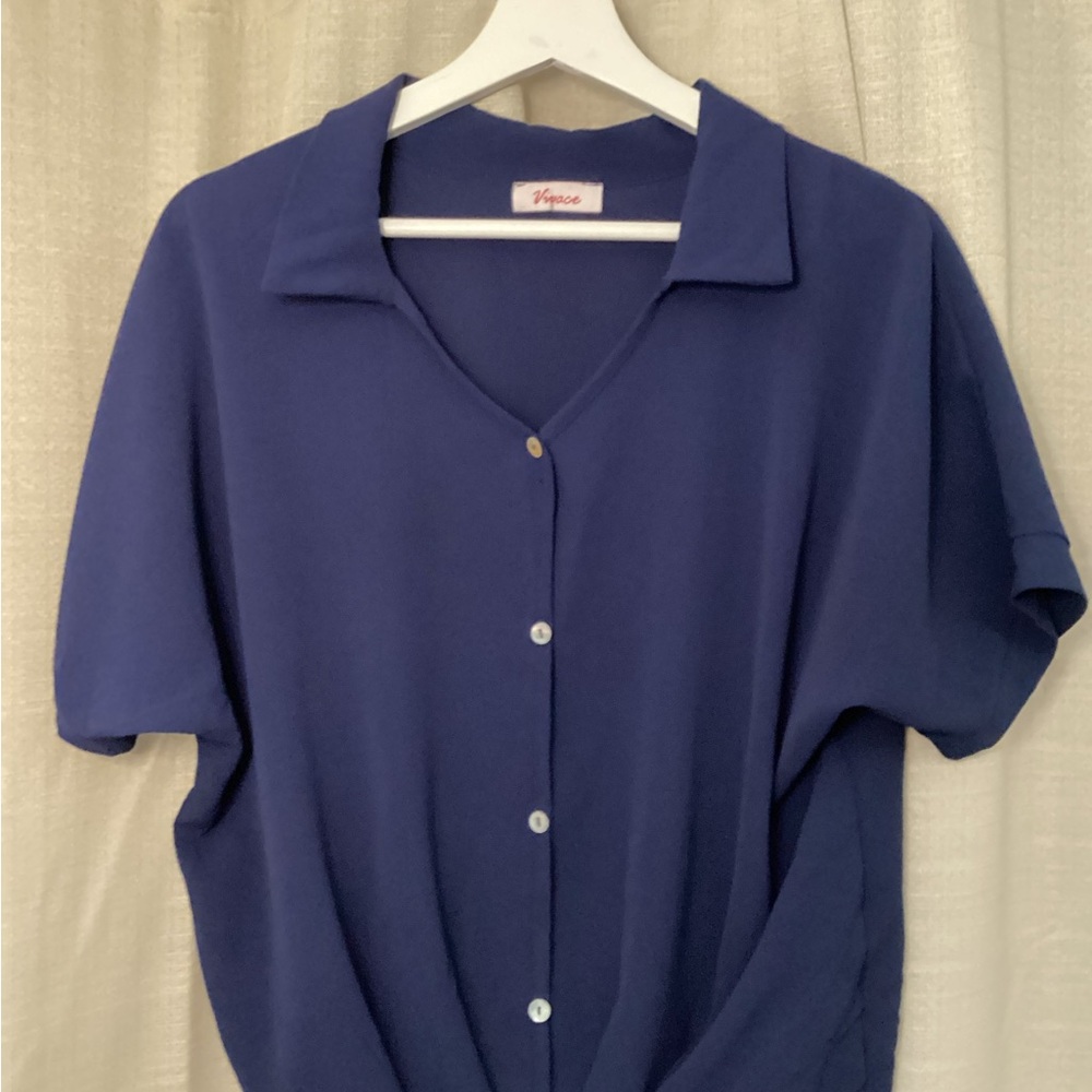Navy Blue Button Down Shirt with Classic Collar and Slim Fit - Picture 1 of 1